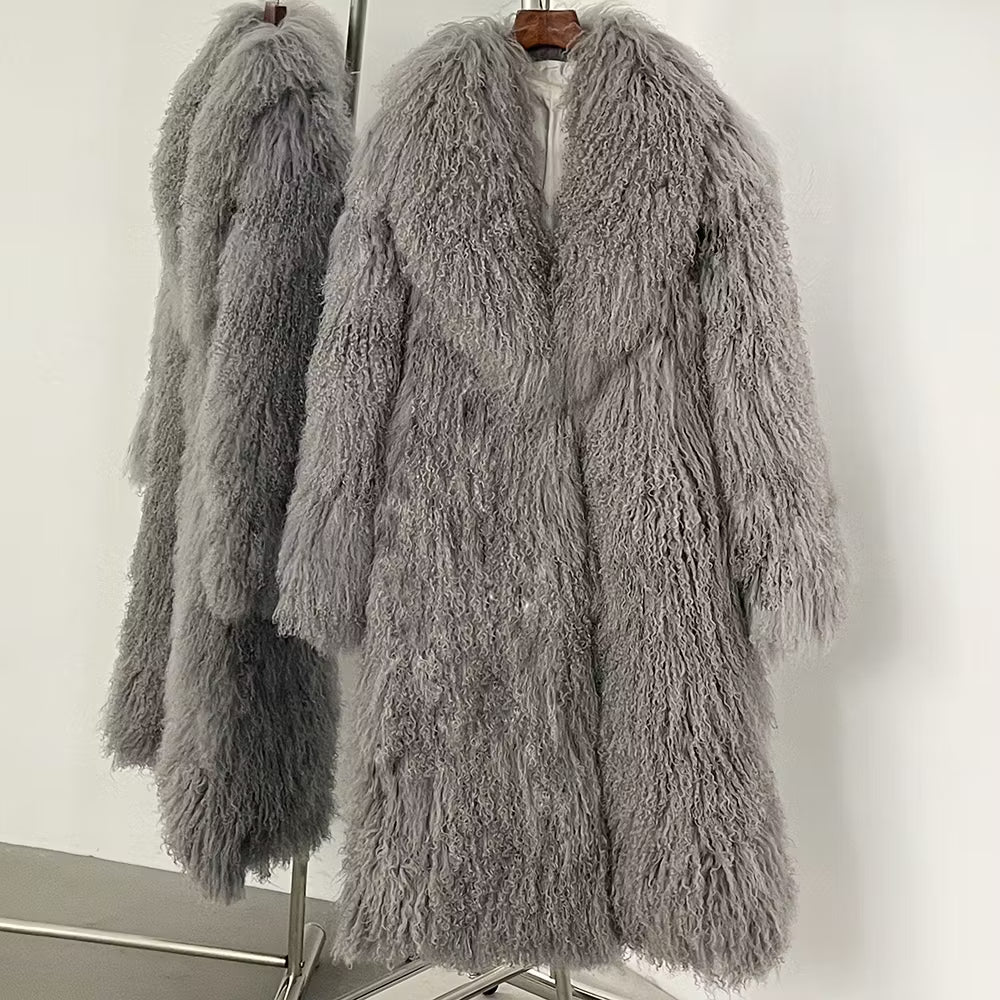 FAYE SHEARLING MAXI COAT GREY från NordicFurs – lyxig vinterjacka i grå med pälskrage