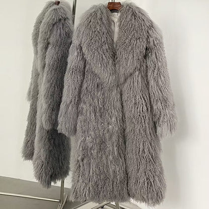 FAYE SHEARLING MAXI COAT GREY från NordicFurs – lyxig vinterjacka i grå med pälskrage