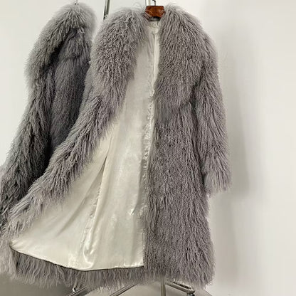 FAYE SHEARLING MAXI COAT GREY från NordicFurs – lyxig vinterjacka i grå med pälskrage